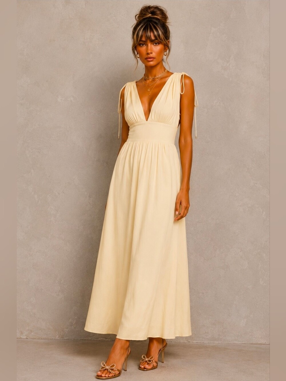 H&M Greecian Style Deep Light Yellow V Maxi Dress with Tie Shoulders Med. NEW